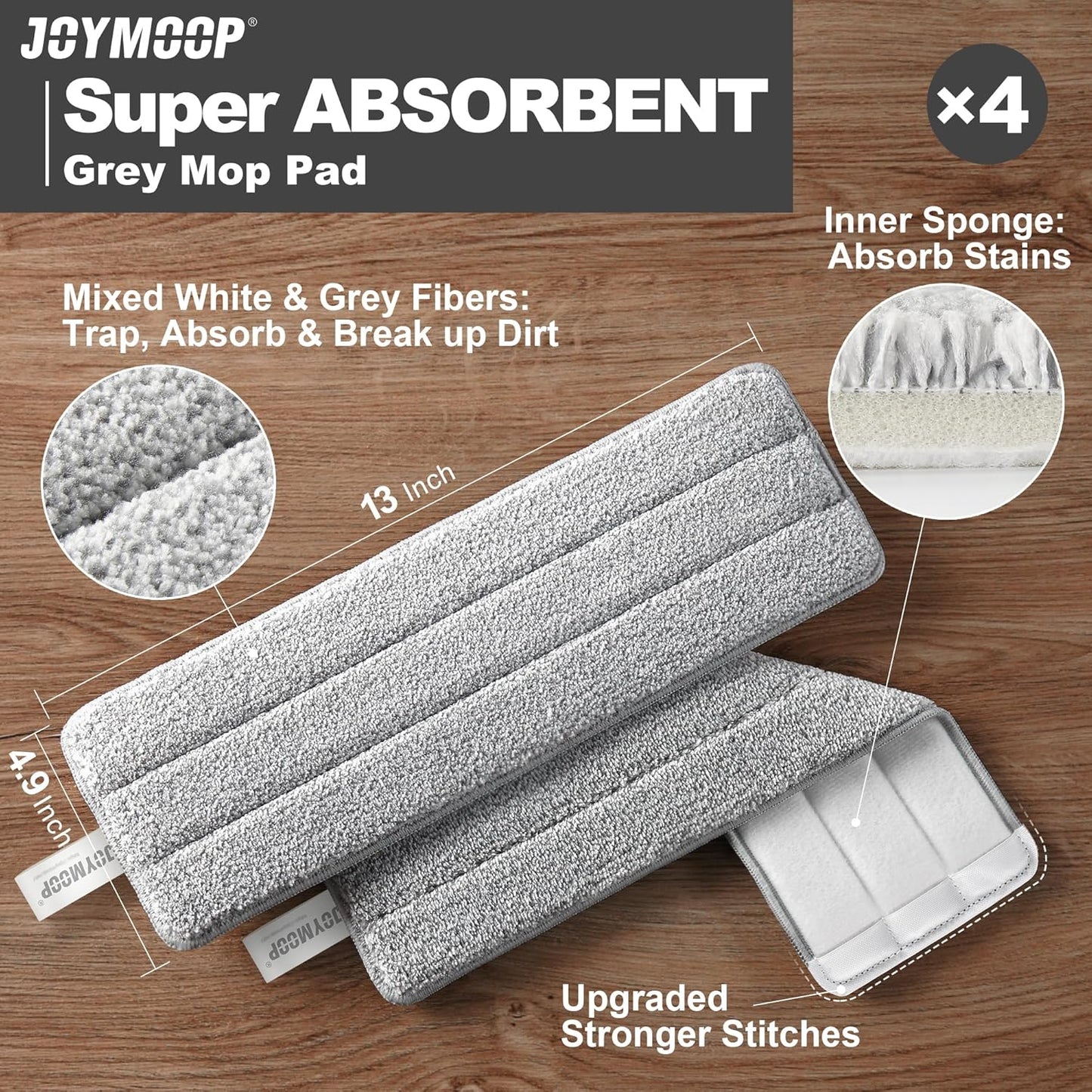 JOYMOOP Flat Mop Pads, Microfiber Mop Cleaning Pads, Washable Pads, Pads Replacement for JOYMOOP Flat Mop or Mop Bucket Set, Pack of 4 Refills 13inch - Grey and Stripe