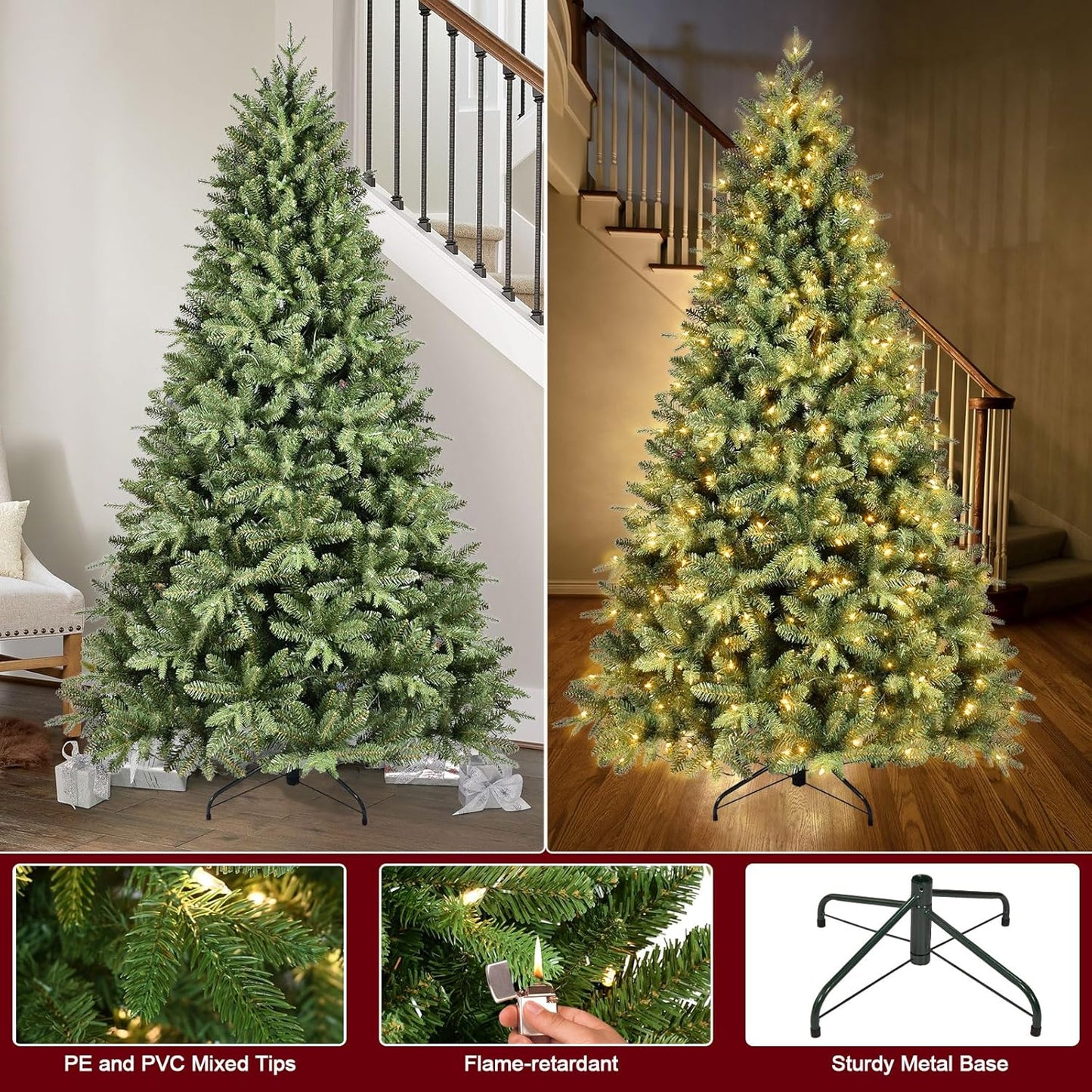 9FT Pre-Lit Artificial Christmas Tree with 3658 PE&PVC Mixed Branch Tips, 850 Warm White Lights, Hinged Premium Spruce Fake Xmas Trees, Green, Foldable Base