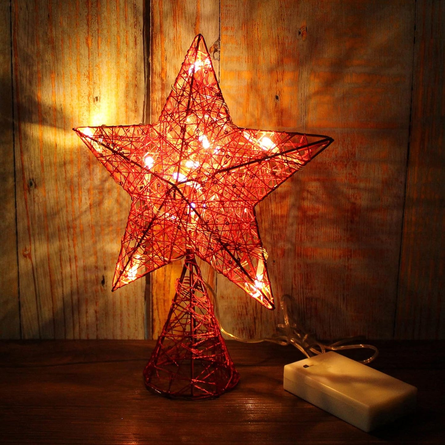 CVHOMEDECO. Red Tree Top Star with Warm White LED Lights and Timer for Christmas Ornaments and Holiday Seasonal Décor, 8 x 10 Inch