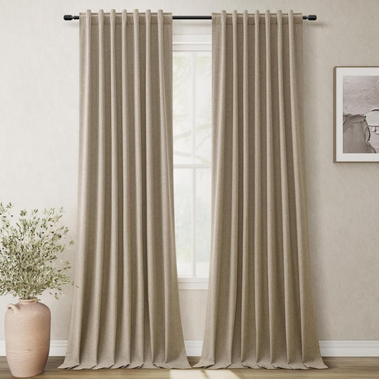 BOODII Khaki Linen Blackout Curtains for Bedroom 84 Inch Length 2 Panels Set Room Darkening Curtains Black Out Curtain Neutral Thermal Insulated Living Room Nursery Drapes Back Tab 52x84