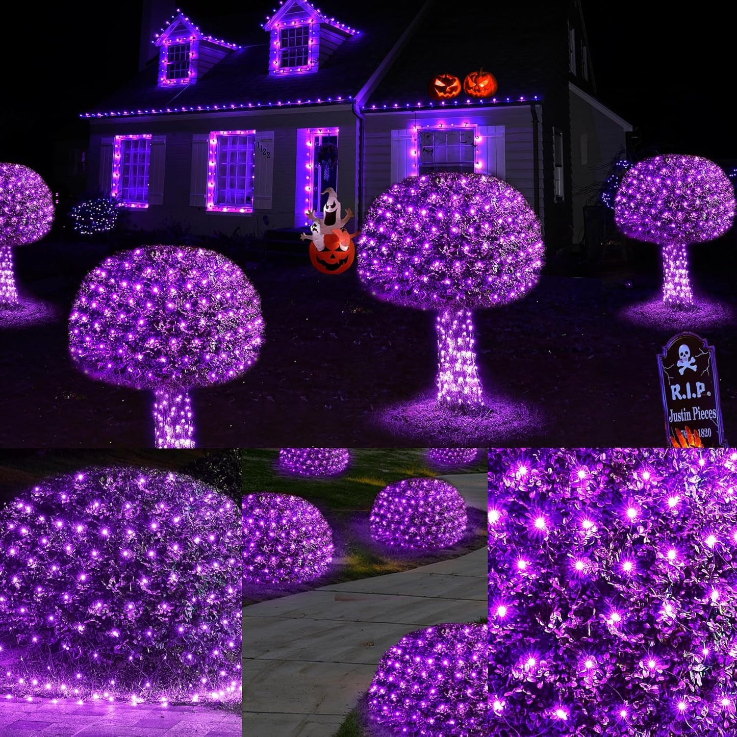 WBao Solar Halloween Lights Outdoor, 200LED 8.4ft x 5.2ft Halloween Net Lights with Remote, 8 Modes, Timer, IP65 Waterproof & Dark Green Wire for Lawn, Bushes, Trees Outdoor Decorations, Purple
