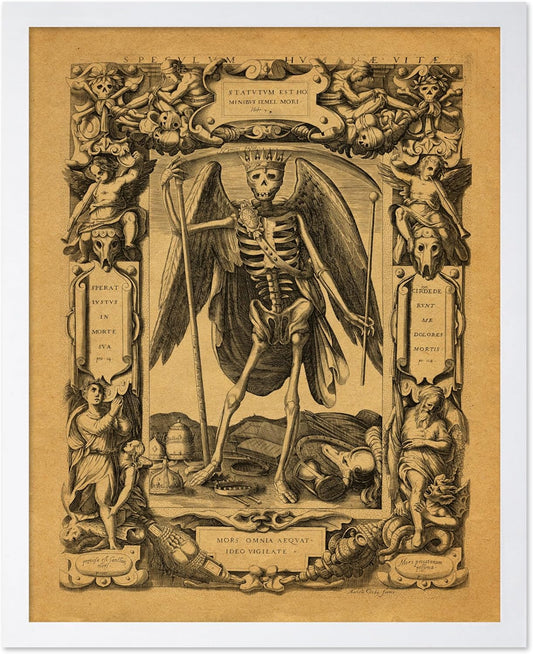 Poster Master Vintage Medieval Poster - Retro Gothic Print - Gift for Artist, Friend - Angel of Death, Memento Mori, Life, Skeleton, Dark - Wall Decor for Home, Living Room, 11x14 White Framed