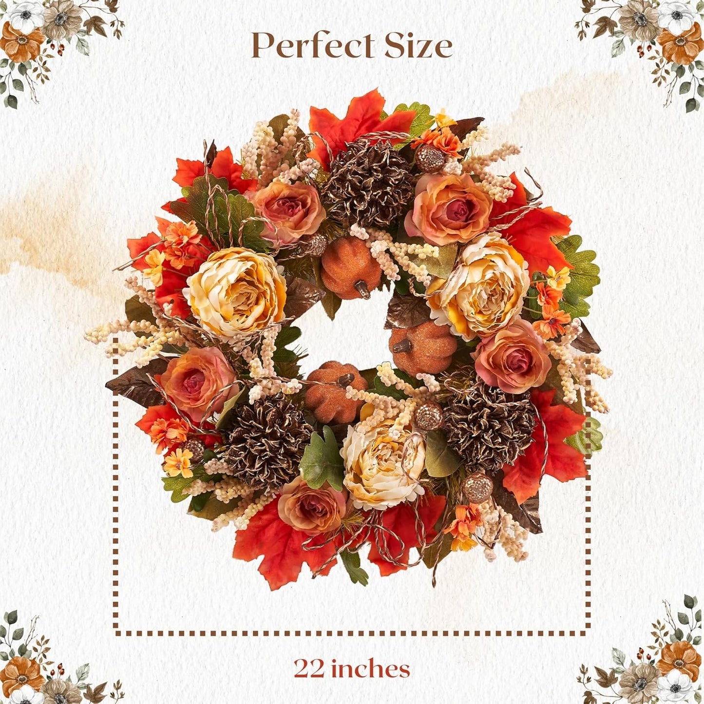 22" Fall Harvest Mixed Wreath - Premium Handcraft Fall Wreaths for Front Door | Perfect for Autumn & Thanksgiving Decor