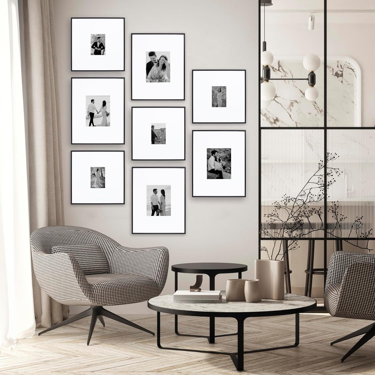 Camden Reed Arcadia 8 Piece Oversized Gallery Wall Frame, 16x20 and 16x16 Inch Matted Frames for Featuring 8x10 and 5x7 Inch Photographs or Art Prints, Black Finish