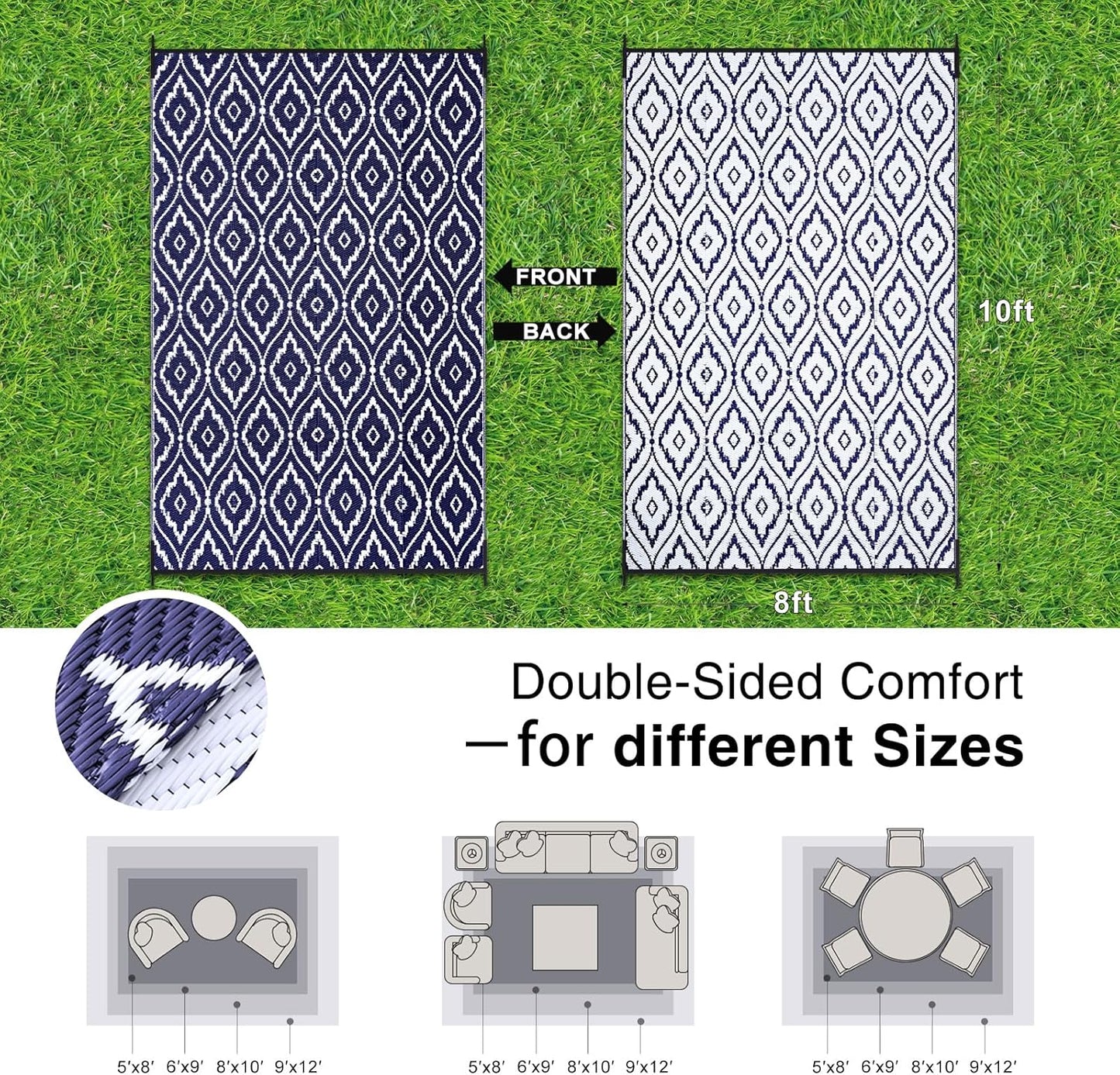 OLANLY Outdoor Rug 8x10 ft Waterproof, Outdoor Plastic Straw Rug with Geometric Pattern Clearance, Reversible RV Mat for Patio, Camping, Balcony, Deck, Backyard, Navy & White