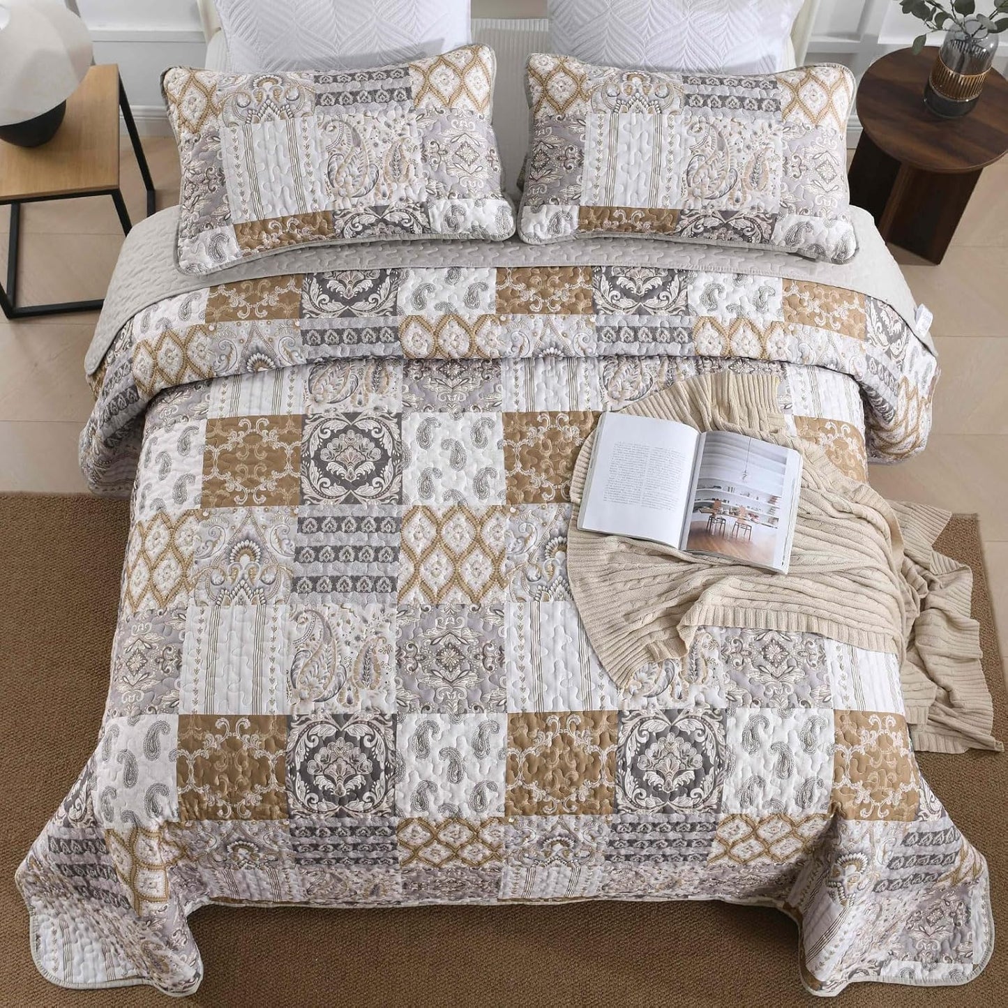 WONGS BEDDING Brown Quilt Set Queen Size, Patchwork Plaid Bedspread Bedding Sets Paisley Soft Microfiber Quilts for Queen Bed 3 Pieces Coverlet Set for All Season (96"x90")