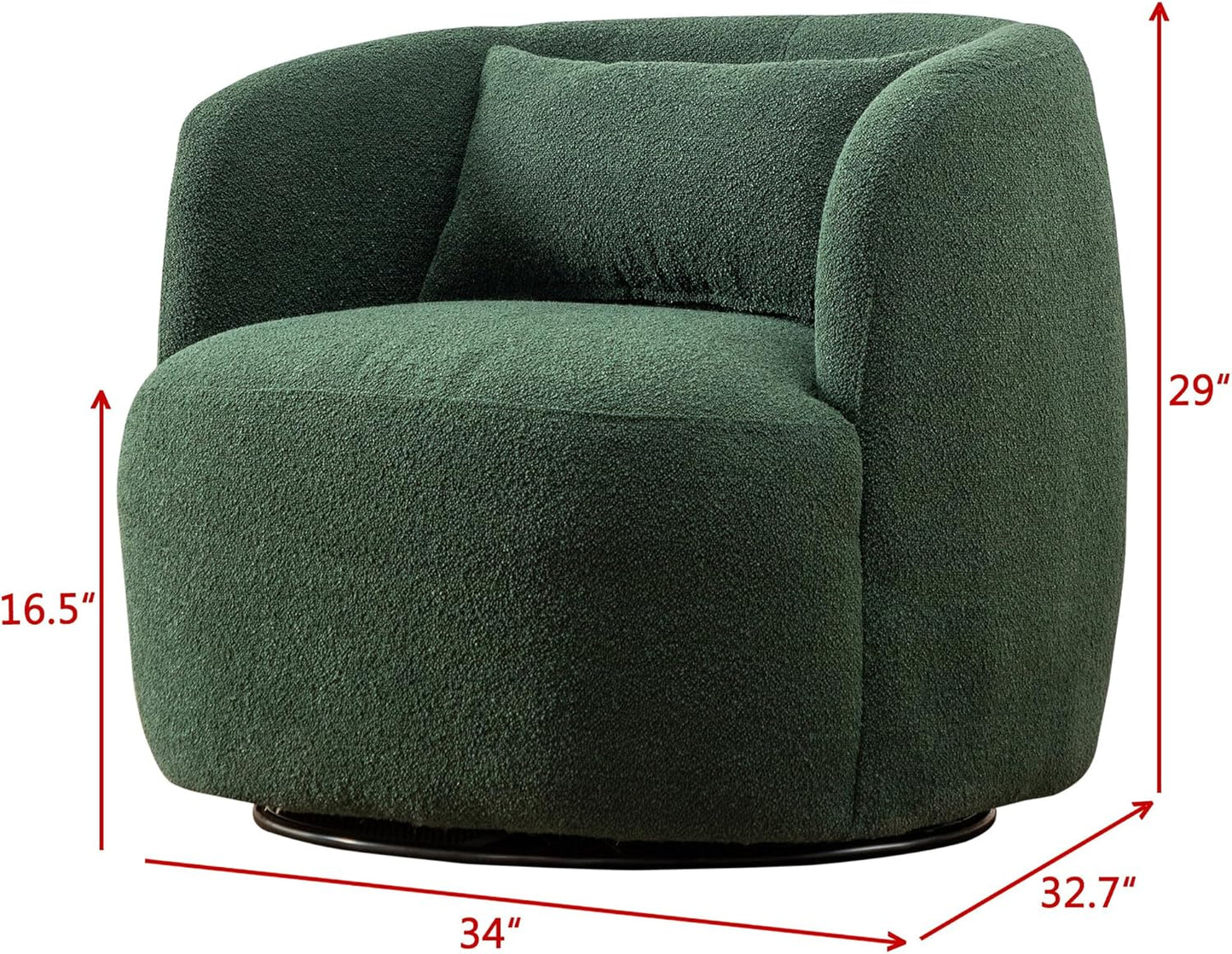 KINWELL 34" Wide Boucle Swivel Barrel Chairs Set of 2, No Assembly Round Upholstered Armchairs Accent Chairs Single Sofa Chair with Toss Pillow for Living Room and Bedroom, Green
