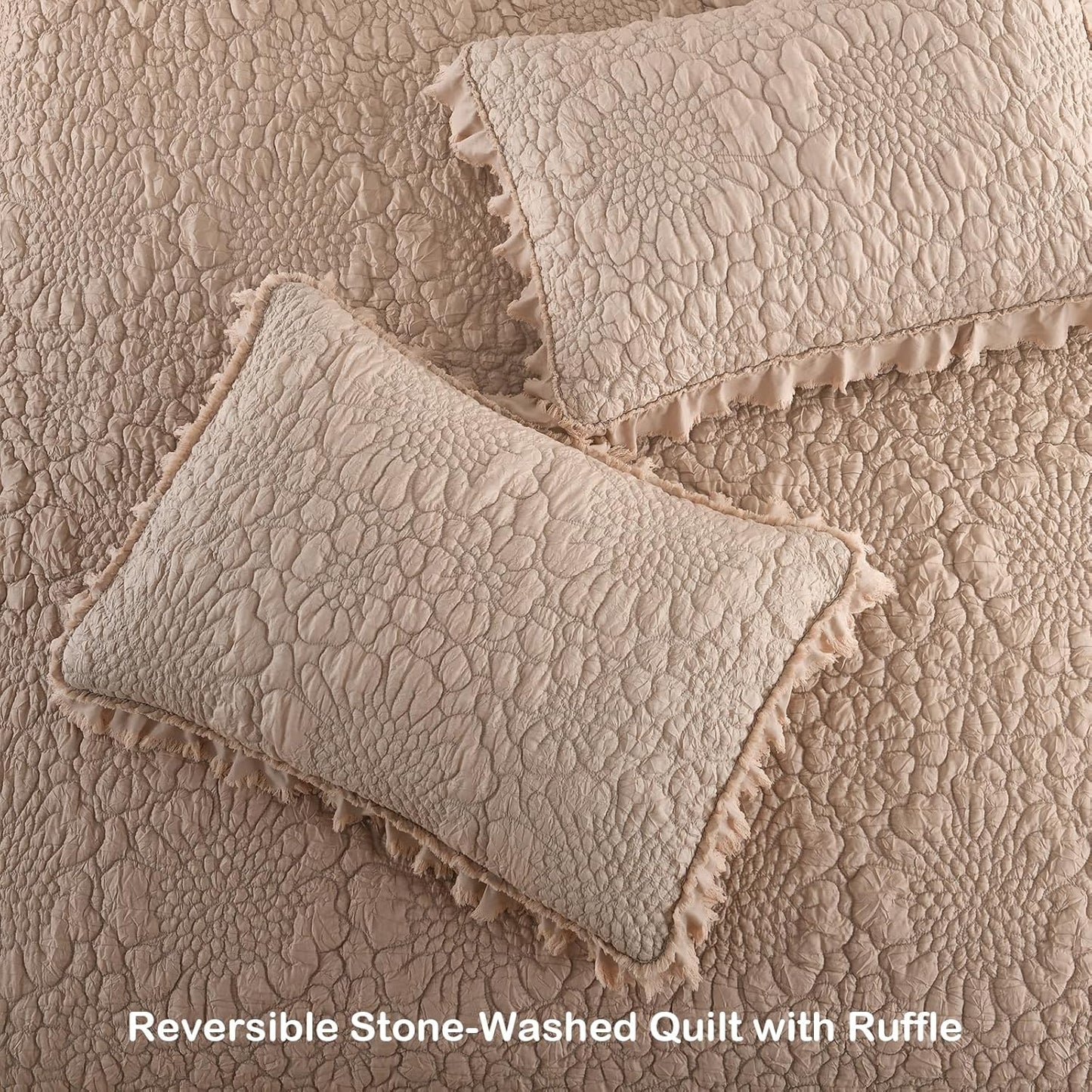 HORIMOTE HOME Pinkish Grey Ruffled Quilt King Size, Stone-Washed Lightweight Crinkled Farmhouse Rustic Shabby Chic Bedding Set, 3 Pieces Reversible Bedspread with Pillow Shams for All Season