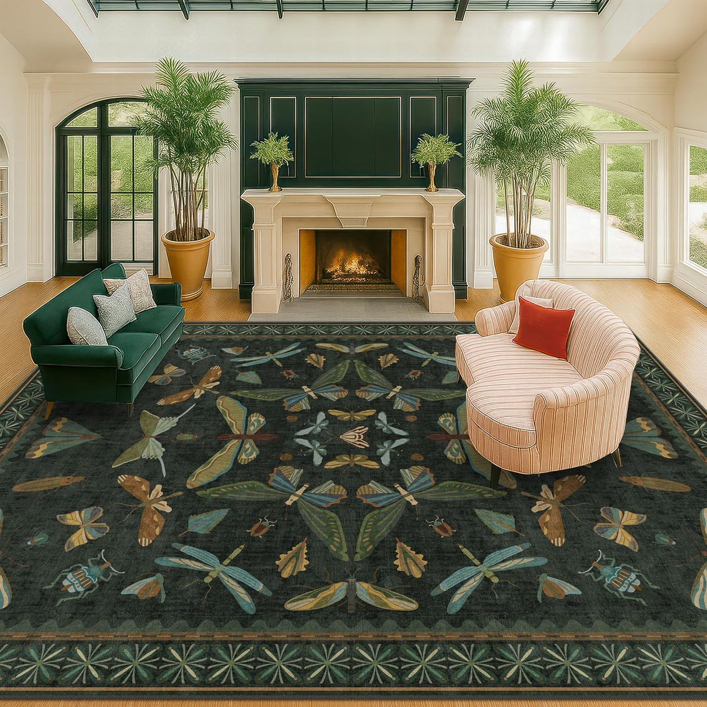 Forest Green Rugs for Living Room - 9x12 Big Rugs for Bedroom, Dining Room, Guest Room, Insect Moth Décor, Non Slip Low Pile