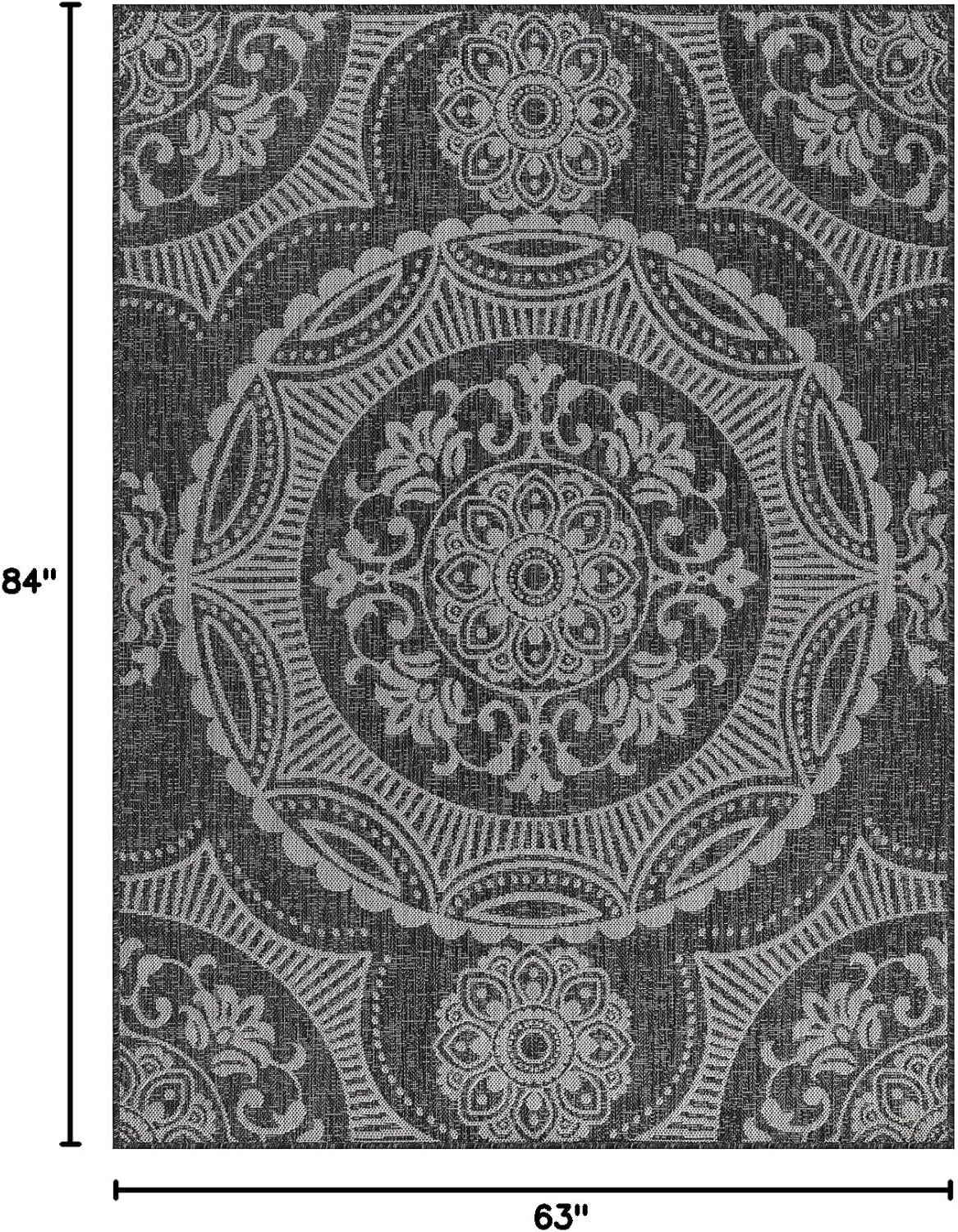 Medallion Outdoor Rug 5x7 Washable Outside Carpet for Indoor Patio Porch Waterproof Easy Cleaning Non Shedding Area Rugs Dark Gray 5 x 7