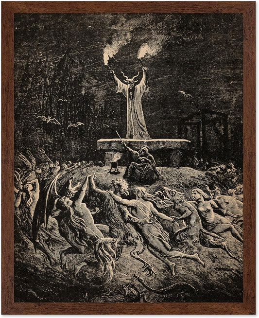 Poster Master Vintage Gustave Dore Poster - Retro Illustration Print - Gift for Gothic, Horror Fan - Dance of Sabbath, Witch, Magic, Spell - Wall Decor for Bedroom, Dorm, 8x10 Brown Framed