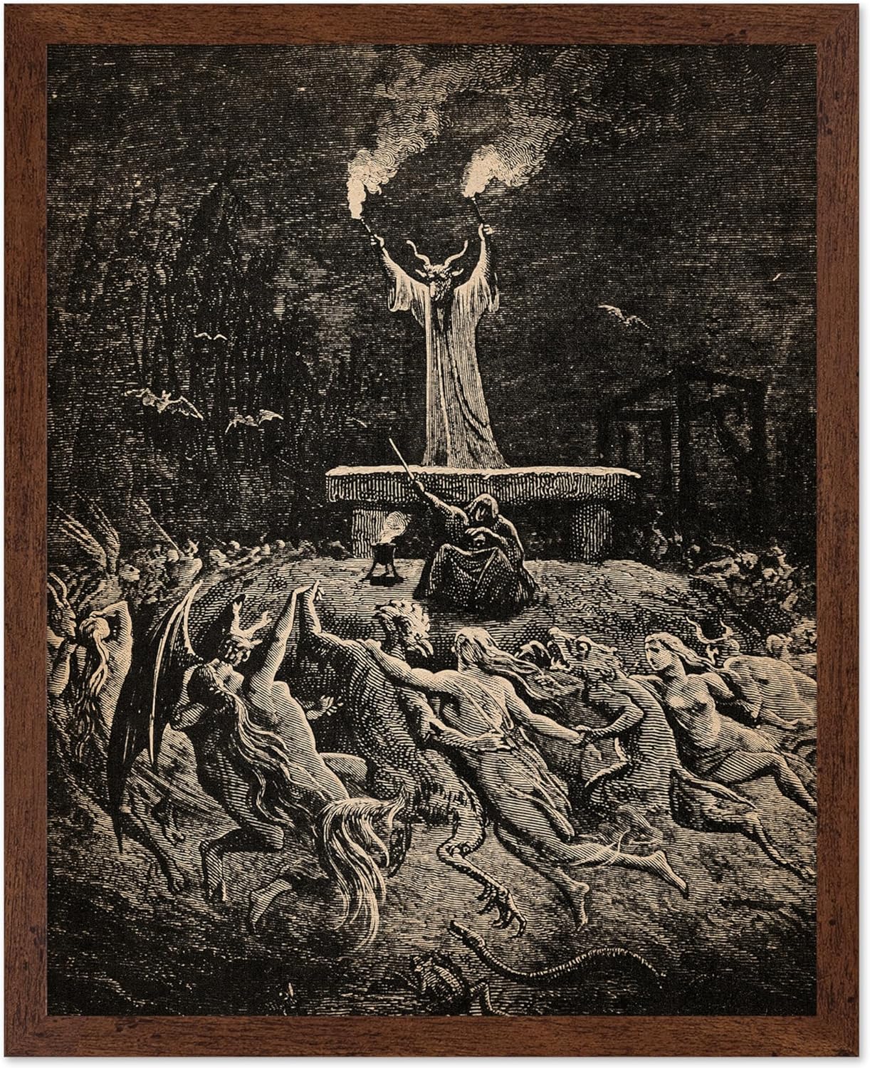 Poster Master Vintage Gustave Dore Poster - Retro Illustration Print - Gift for Gothic, Horror Fan - Dance of Sabbath, Witch, Magic, Spell - Wall Decor for Bedroom, Dorm, 11x14 Brown Framed