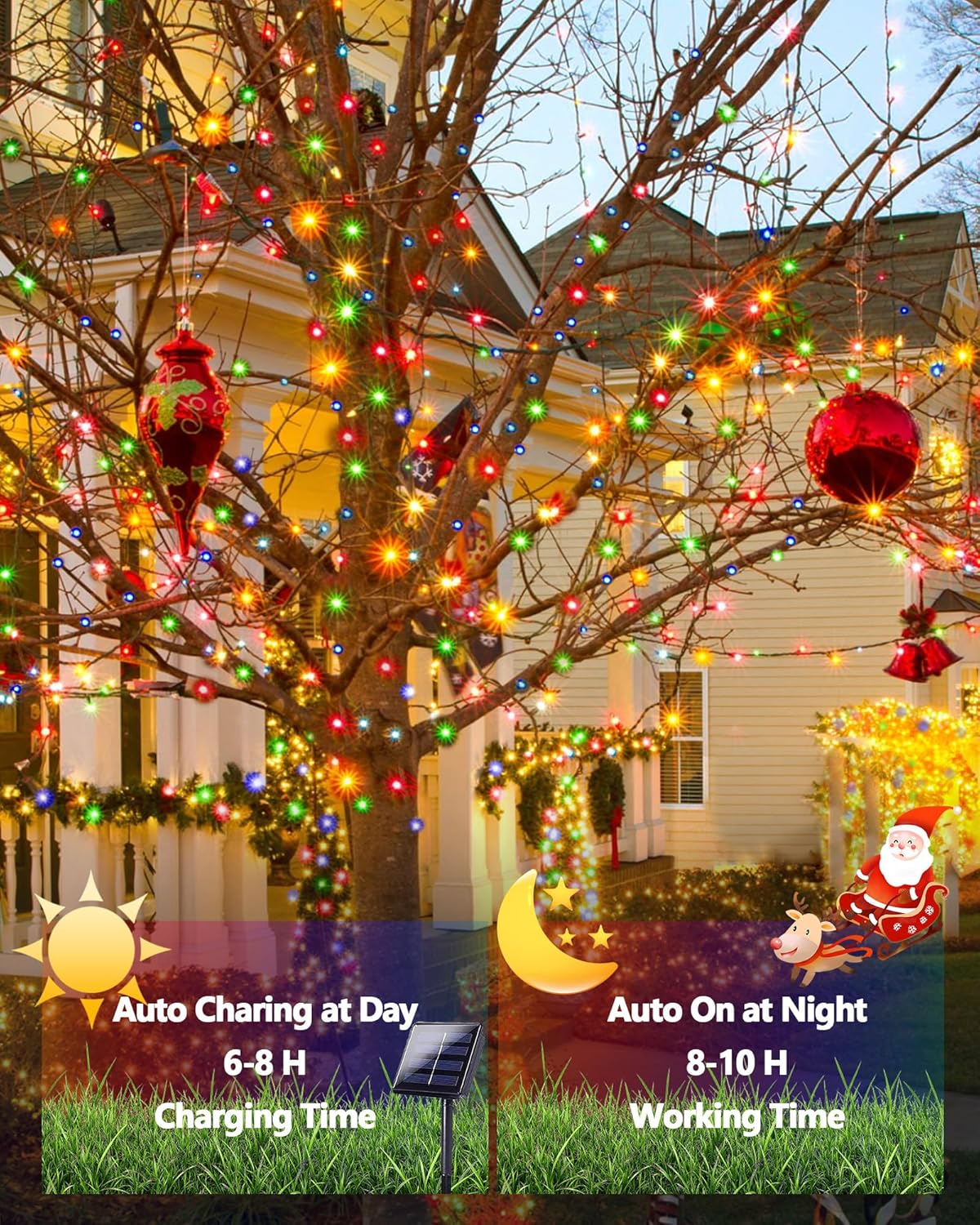 2 Pack Multicolored Solar Christmas Lights Outdoor Waterproof, 400 LED 144FT Super Long Solar String Lights, Green Wire 8 Lighting Modes, Christmas Tree Light for Xmas Fence Bushes Patio Decorations