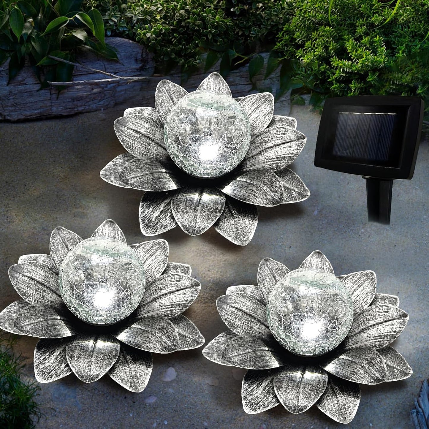 LEWIS&WAYNE Solar Garden Lights Outdoor, 3 Pcs Silver Gray Lotus Flower Pathway Lamps with Cool White Crackle Glass Globe Led Lights for Patio Pathway Yard Balcony Garden Decorations