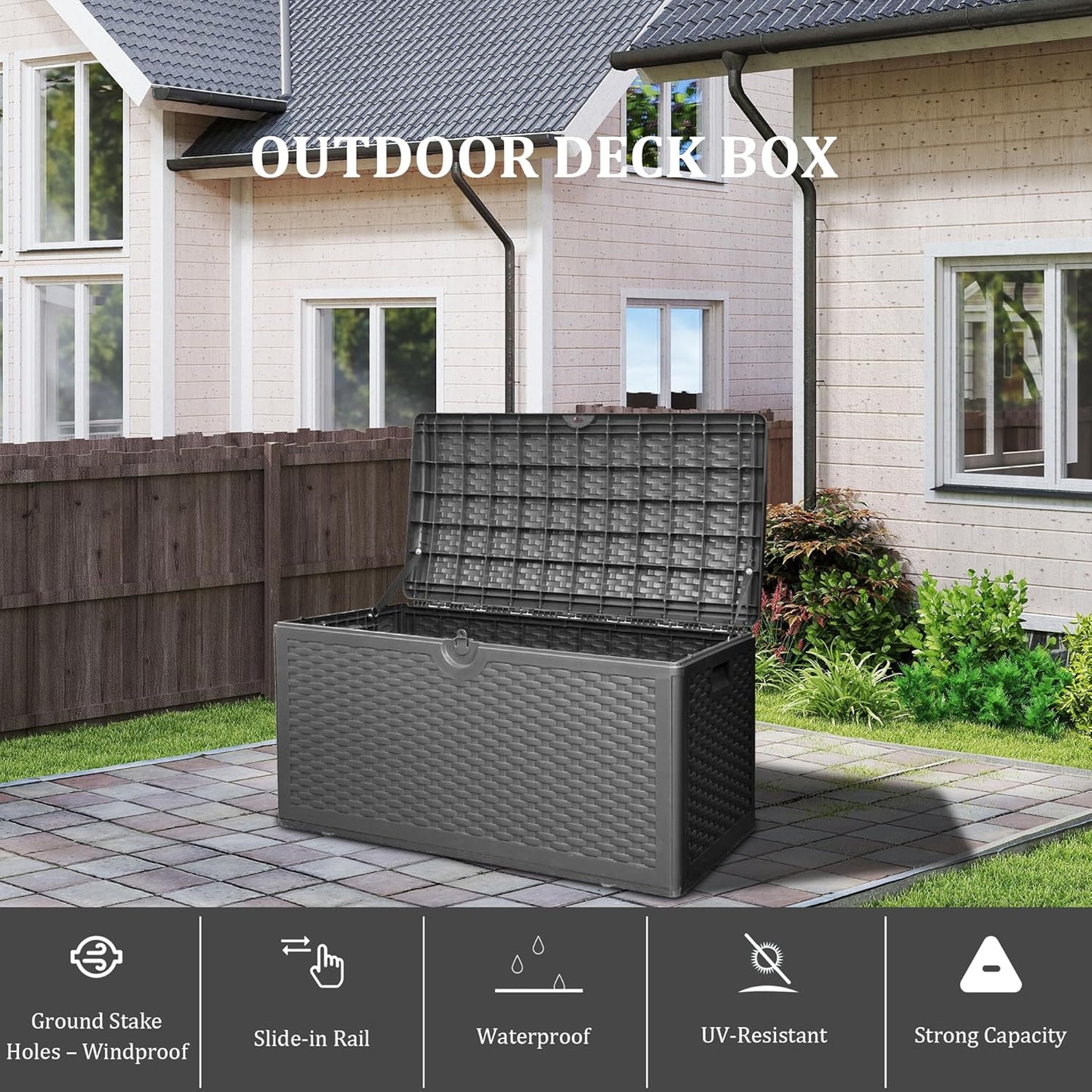 80 Gallon Plus Outdoor Storage Box Waterproof Lockable Resin Deck Box Large, Patio Storage Bin for Pool Accessories Cushion Furniture, Garden Tools, UV-Resistant Outside Delivery Black
