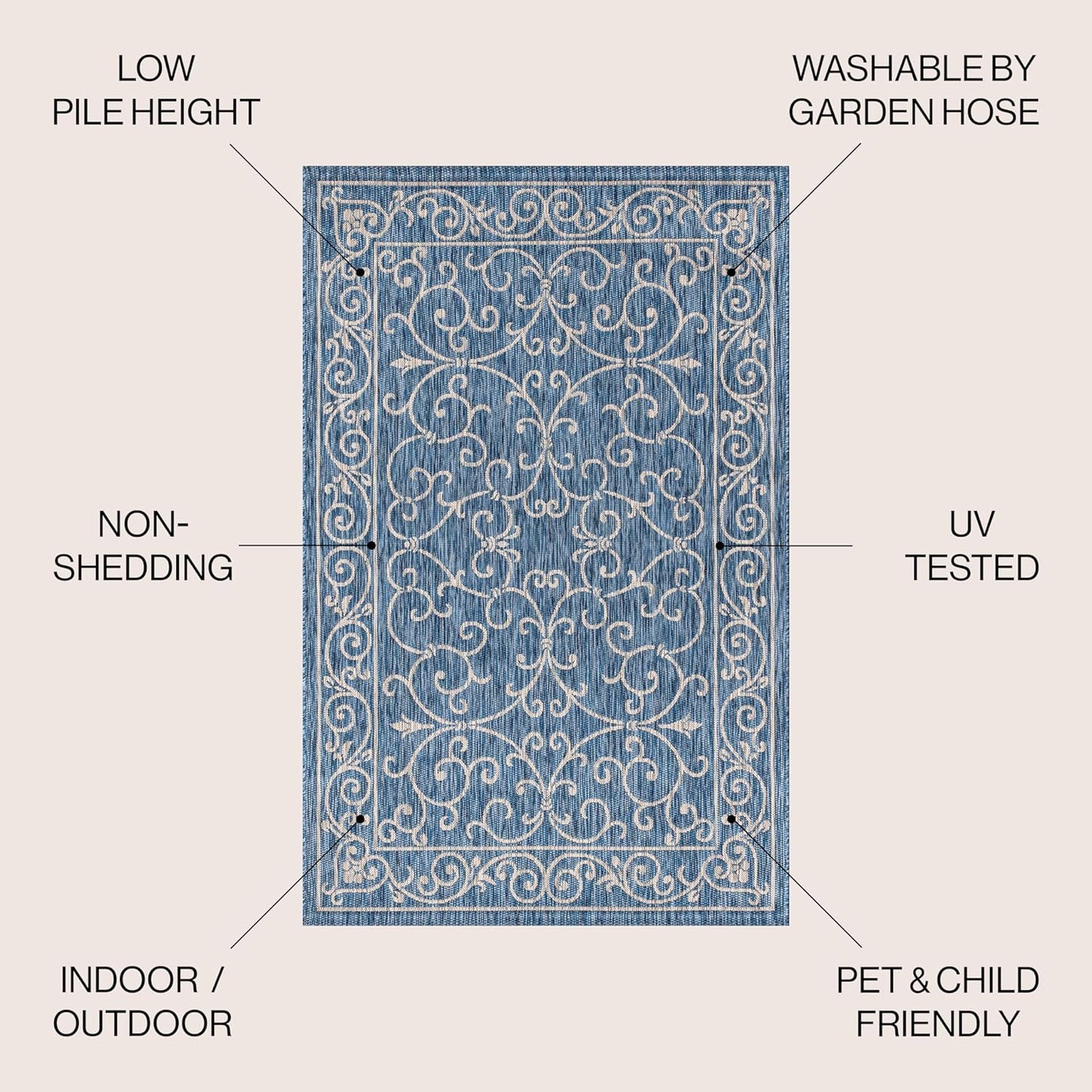 JONATHAN Y Vintage Filigree Indoor Outdoor Square Area Rug 6X6 Navy/Gray, Charleston Textured Weave for Backyard, Patio, Porch, Easy-Cleaning, High Traffic, Pet-Friendly, Non-Shedding (SMB106D-6SQ)