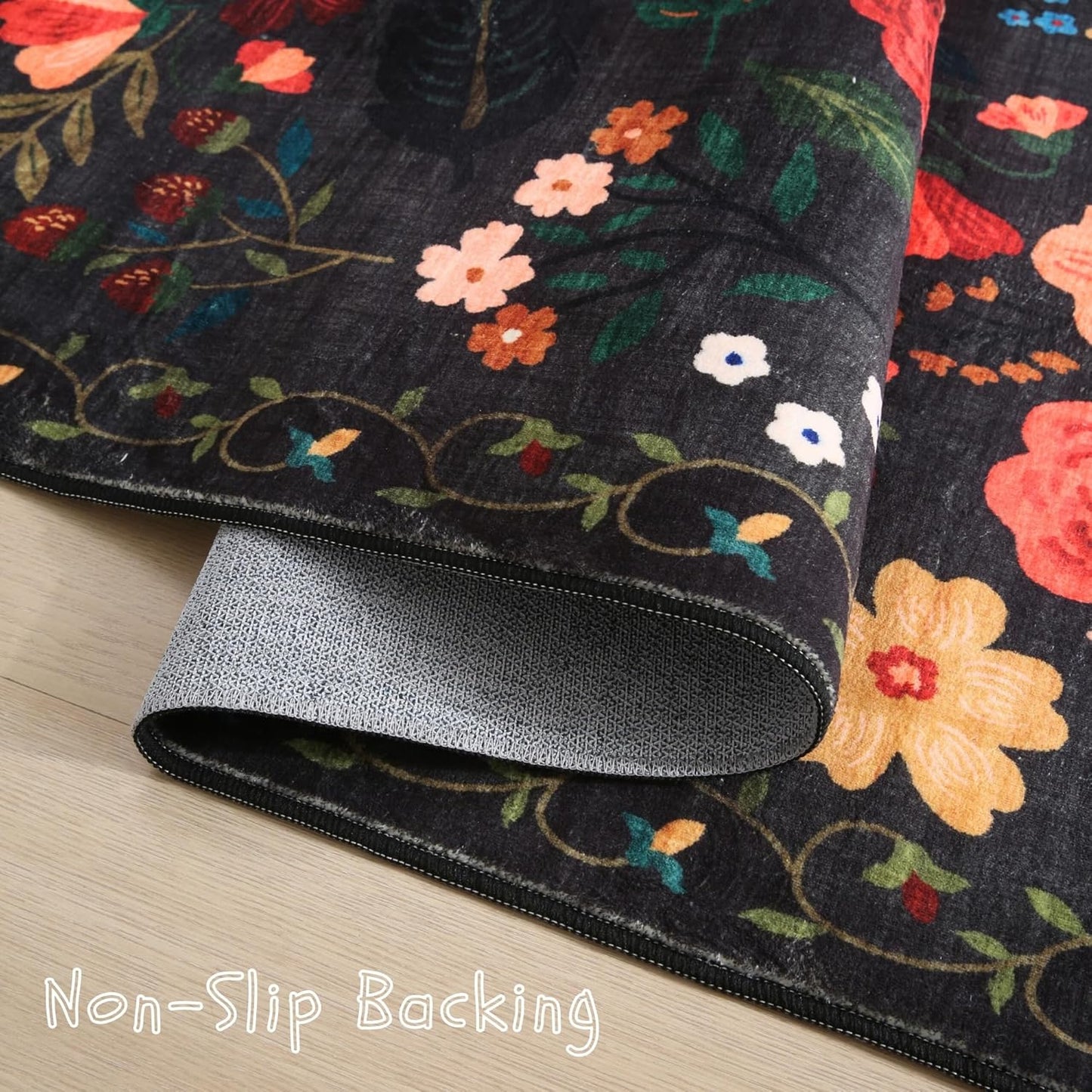 Area Rugs 8x10 Rug for Living Room Clearance Washable Boho Area Rug Non Slip Floral Vintage Low Pile Large Rug for Living Room, Bedroom, Farmhouse, Dining Room, Kids Playroom(Black)