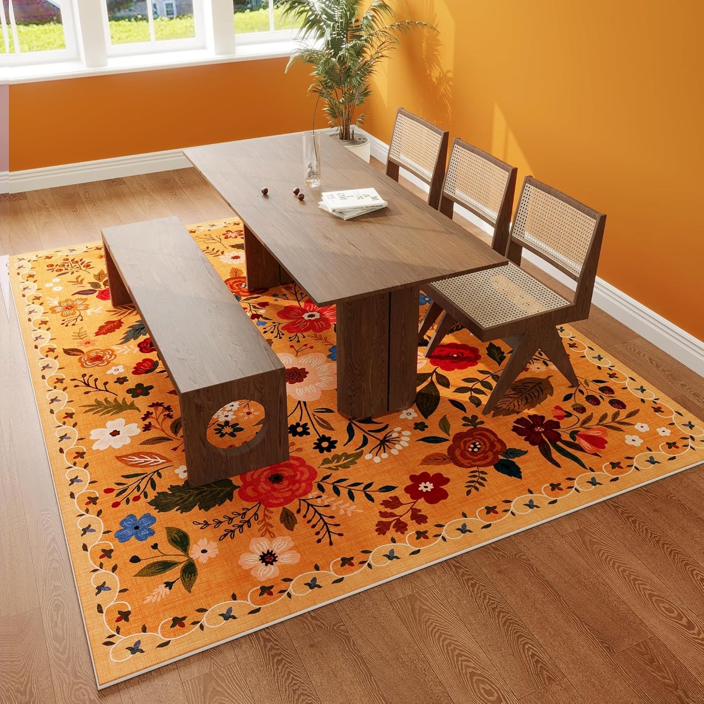 Living Room Rug 5x7 Rug Machine Washable Boho Area Rug Non Slip Floral Vintage Low Pile Large Rugs for Living Room, Bedroom, Farmhouse, Dining Room, Kids Playroom(Yellow)