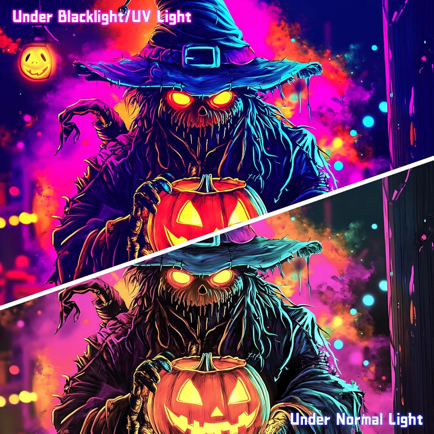 AOHMPT Glow-in-the-Dark Halloween Tapestry - UV Reactive Black Light Wall Hanging Decor for Spooky Parties, Bedroom, Living Room (Scarecrow-Pumpkin, 59" L x 51" W, Unframed)