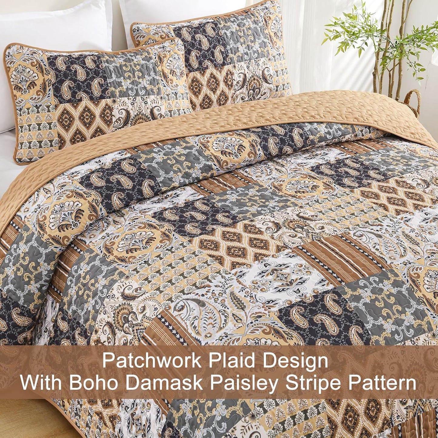 WONGS BEDDING Boho Quilt Set King Size, Dark Brown Plaid Patchwork Bedspread Bedding Set Soft Microfiber Quilt for King Bed Reversible 3 Pieces Coverlet Set for All Season (104"x90")