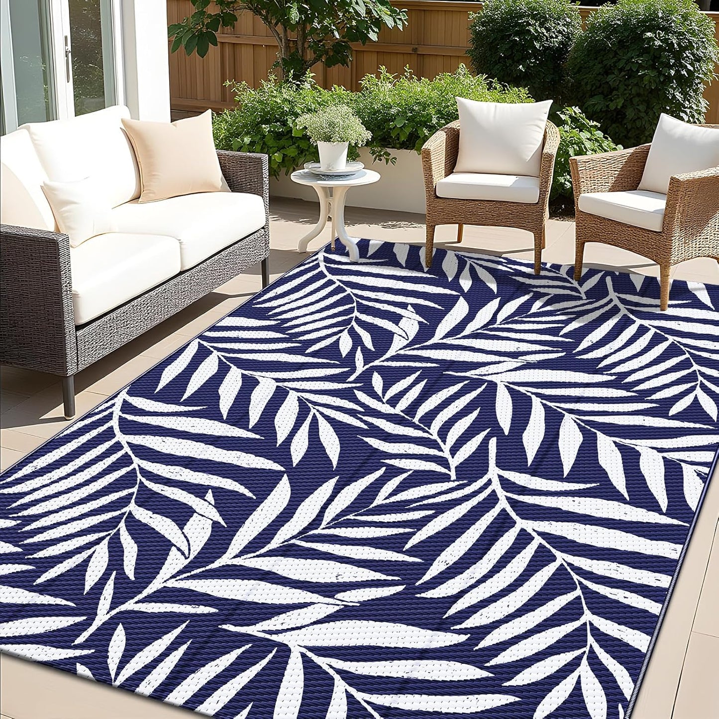 OLANLY Waterproof Outdoor Rug 5x8 ft, Reversible Outdoor Plastic Straw Rug with Leaf Pattern, RV Mat, Indoor Outdoor Carpet for Patio, Camping, Balcony, Deck, Backyard, Navy & White