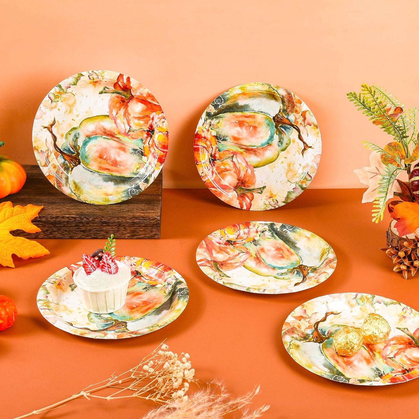 Fall Dessert Plates Thanksgiving Pumpkin Paper Plates 7" Autumn Watercolor Pumpkins Party Plates Harvest Teal and Orange Pumpkins Disposable Decorative Dessert Plates (24)
