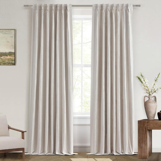 Natural Linen Pinch Pleated Blackout Curtains & Drapes 94 Inch Long Bedroom/Livingroom Farmhouse Curtain 2 Panel Sets, Neutral Track Room Darkening Thermal Insulated Back Tab Window 40"x94"