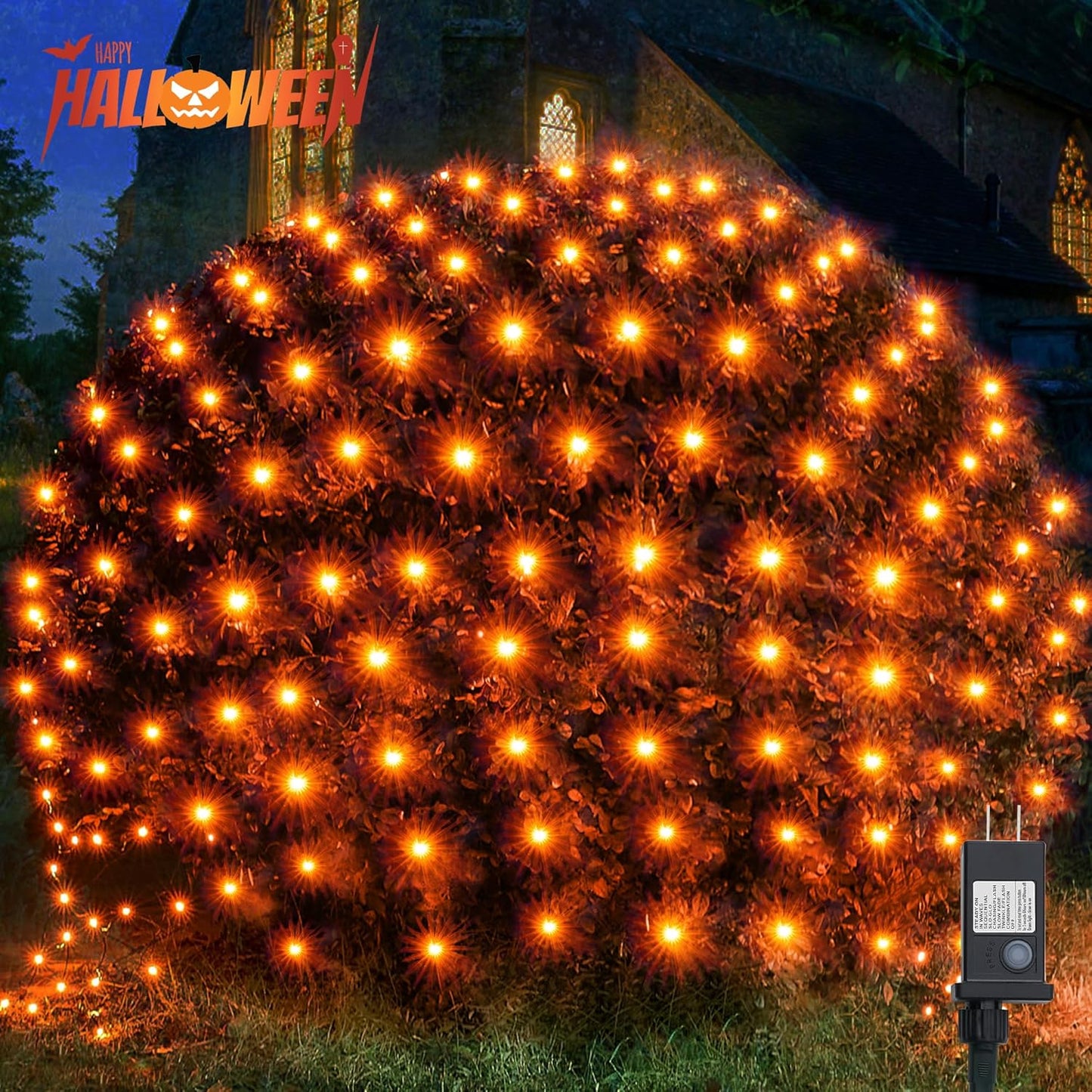 WBao Halloween Lights Outdoor 360LED 11.5ft x 6.9ft Halloween Net Lights with 8 Modes, Timer, Connectable, Waterproof & Dark Green Wire for Lawn, Bushes, Shrubs Outdoor Holiday Decorations, Orange