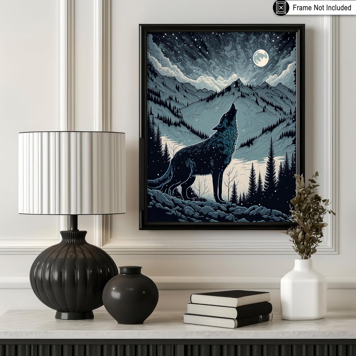Poster Master Vintage Illustration Poster - Retro Animal Print - Gift for Artist, Friend - Wolf Howling at the Moon, Mountain, Snow, Landscape - Wall Decor for Home, Office, 18x24 Unframed Wall Art