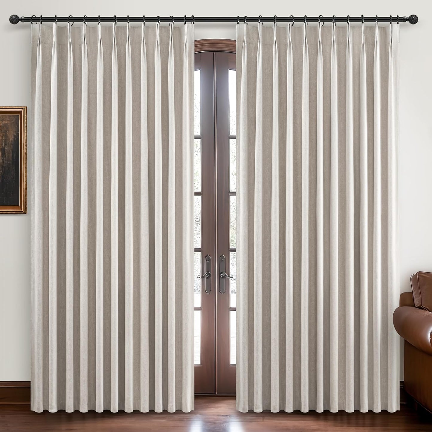 Pinch Pleated Blackout Curtains 60 Inches Wide for Living Room, Room Darkening Linen Blend Tan Viral Large Window Curtains for Bedroom Thermal Soundproof Natural Drapes 60"W x 96"L x 2Panels