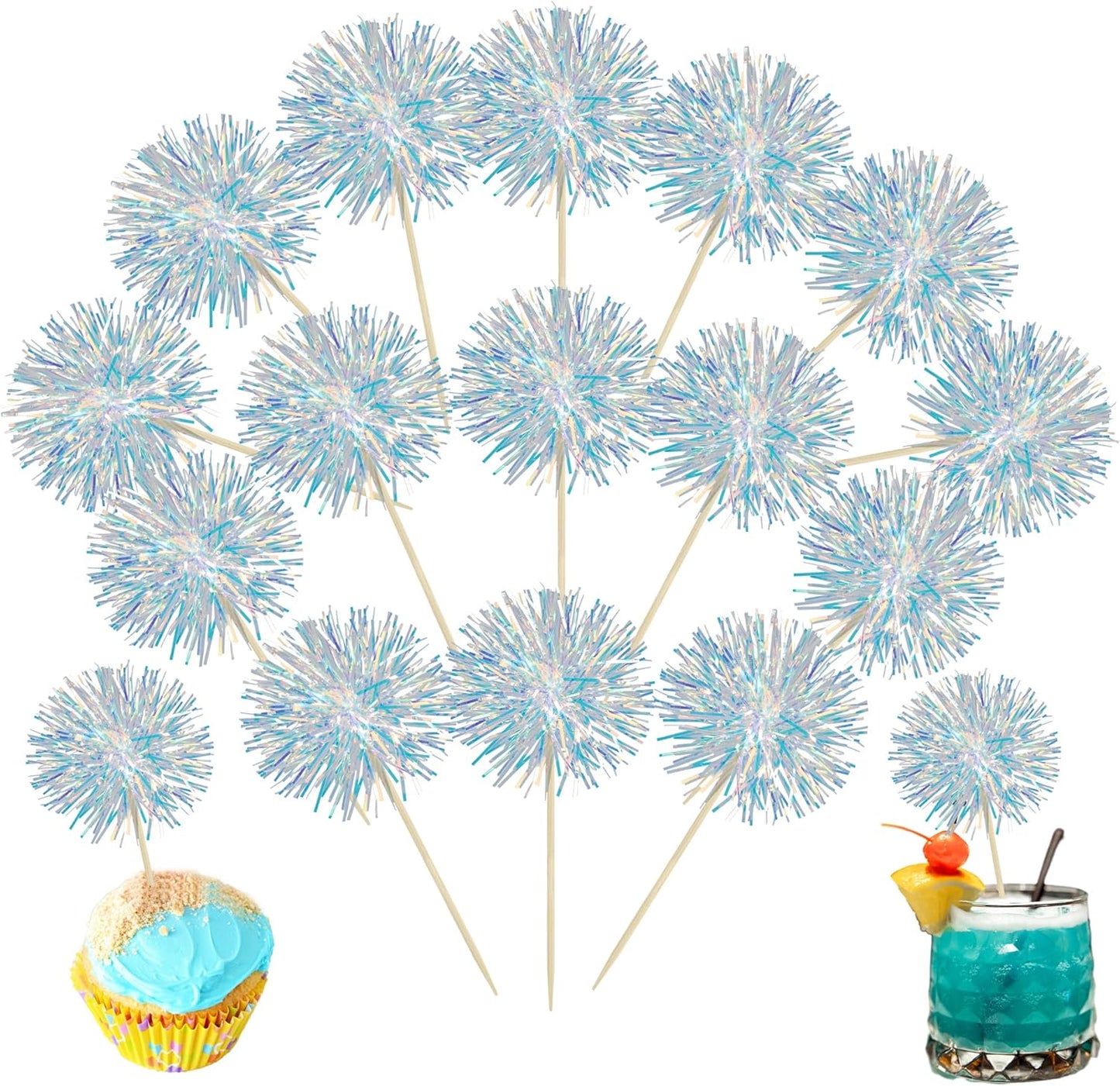 Ephlyn 30Pcs Foil Firework Cupcake Toppers Sparkle Tinsel Cupcake Picks Drink Stirrers Cocktail Food Fruit Toothpicks for Baby Shower Graduation Party Supplies White