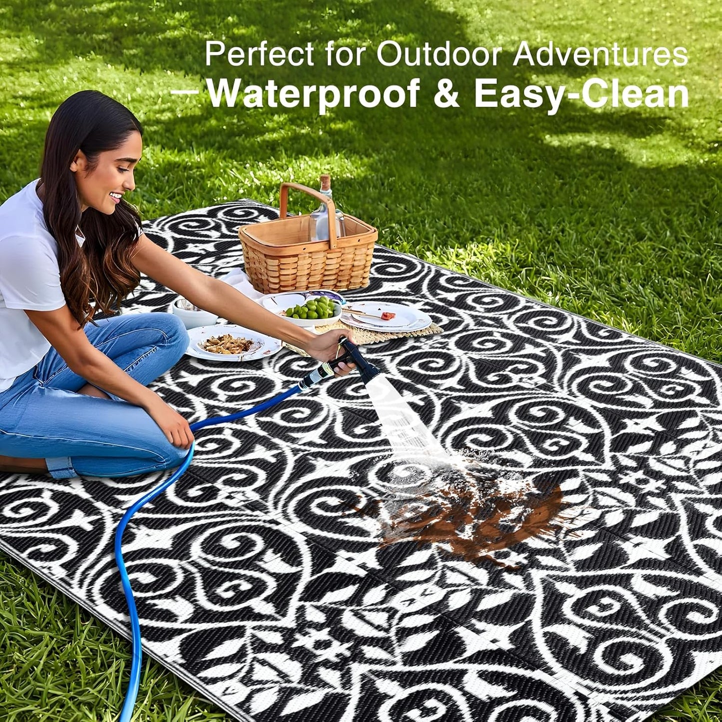 OLANLY Outdoor Rug Waterproof 5x8 ft Clearance, Reversible Outdoor Plastic Straw Rug with Floral Pattern, RV Mat for Patio, Camping, Balcony, Deck, Backyard, Black & White