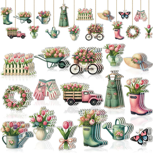 48PCS Spring Decor Wooden Flowers Ornaments Hanging Tulips Signs Decorations for Home Small Tree Party