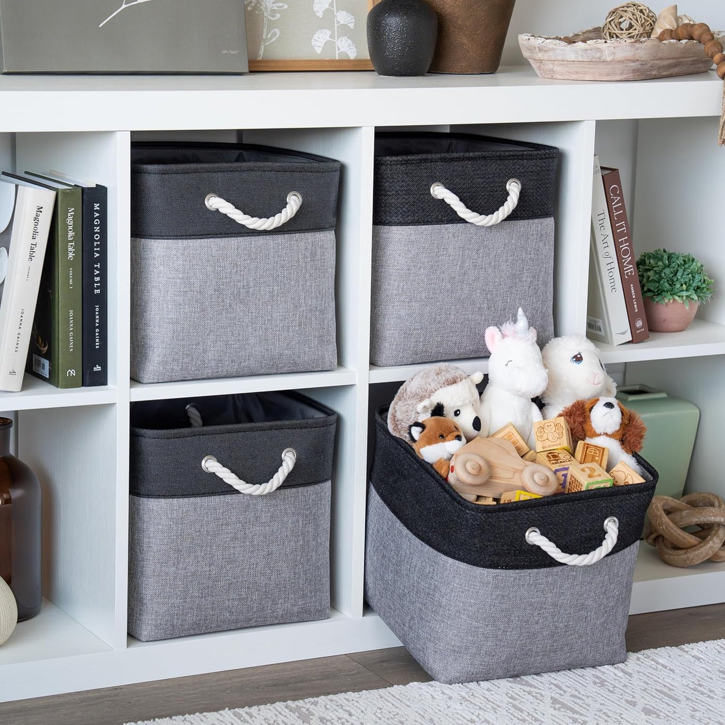 OrganiHaus 12x12 Cube Storage Bins 4 Pack, Foldable Cube Storage Organizer w/ Rope Handles, Collapsible Fabric Bins for Toys, Clothes & Closet Organization, Fabric Square Baskets - Gray/Black