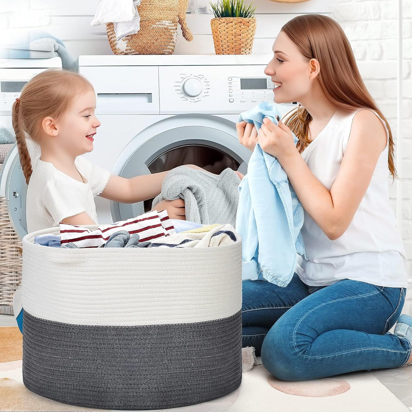 Ravinte Blanket Basket - 20"x 20"x 13" Cotton Rope Basket for Living Room, Baby Toy Storage Basket, Large Woven Laundry Basket (White-DarkGray)