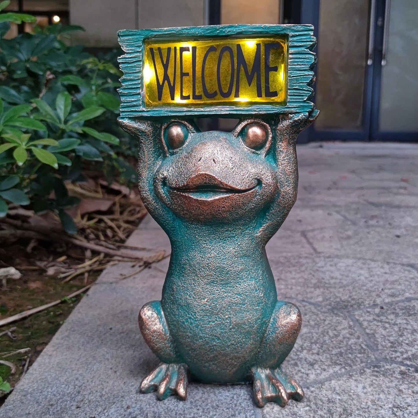 Frog Solar Welcome Garden Statues Outdoor Décor- Frog Figurines Solar LED Light Lawn Ornaments - Yard Decorations for Patio, Balcony, Backyard -Unique House Warming Gifts for Mom