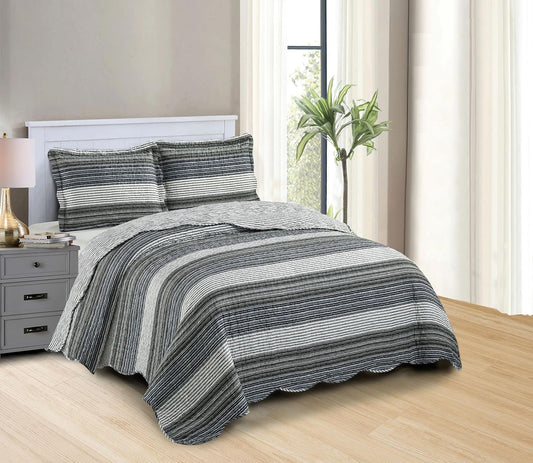 Brilliant Sunshine Multi Grey Stripes Patchwork, 3-Piece Quilt Set with 2 Shams, Reversible Bedspread, Soft Lightweight Coverlet, All-Season, Full/Queen, Multi Grey