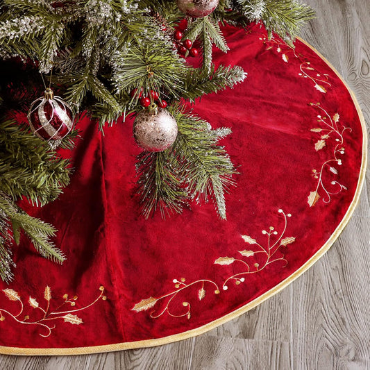 Christmas Tree Skirt, 48 inches Red Luxury Velvet Plush Fur Skirts with Gold Embroidered Holly Leaf for Rustic Xmas Tree Holiday Decorations