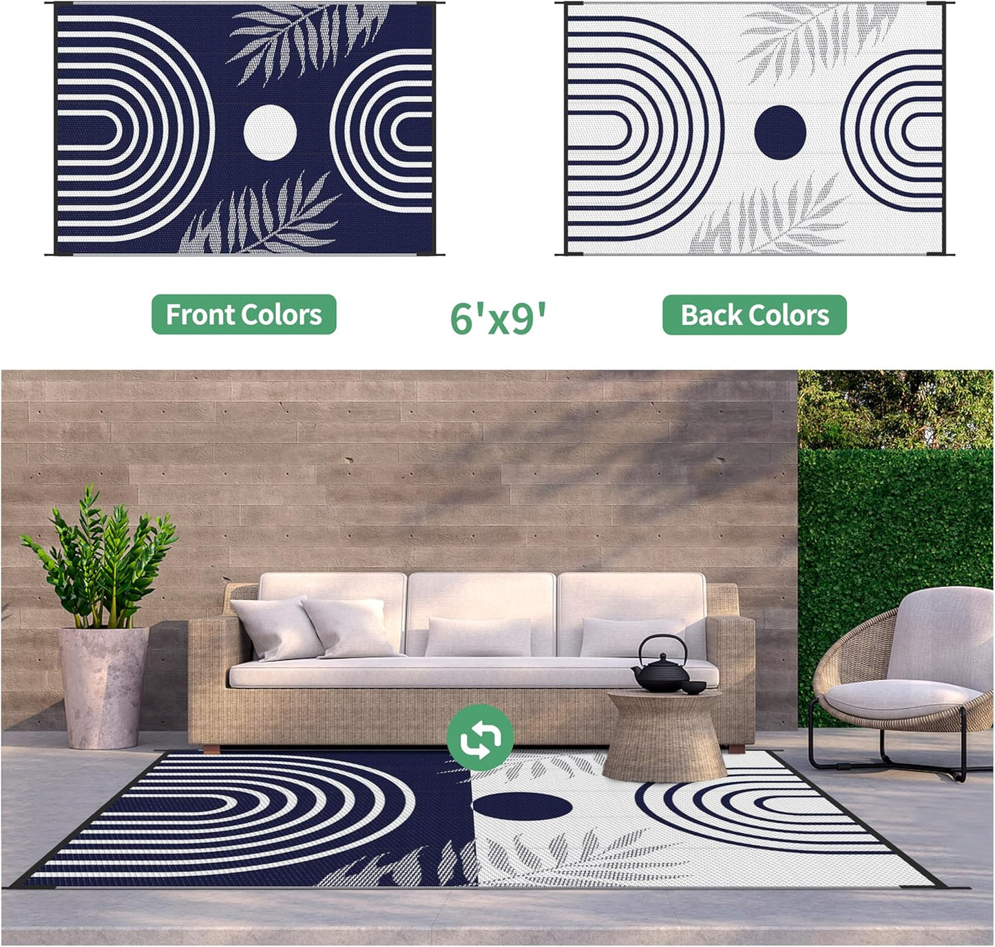 GENIMO Outdoor Rug 6' x 9' Waterproof for Patio Clearance, Reversible Lightweight Plastic Straw Camping Carpet, Large Area Rugs Mats for Rv, Backyard, Deck, Porch, Picnic, Balcony, Mix-Blue & White