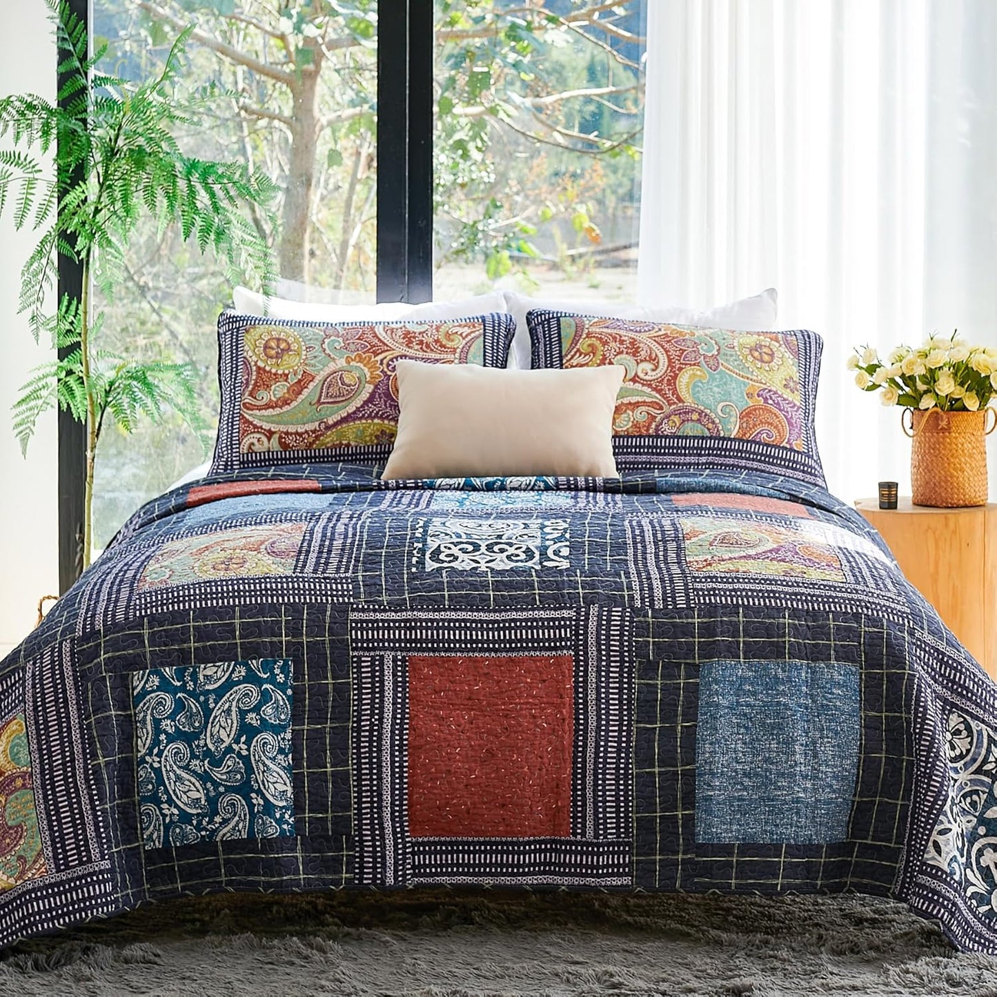 Secgo California King Quilt Size - 100% Cotton Oversized California Comforter Set Bedding Sets (120 * 110 Inch) with 2 Pillow Shams, Patchwork Reversible Lightweight Bedspread