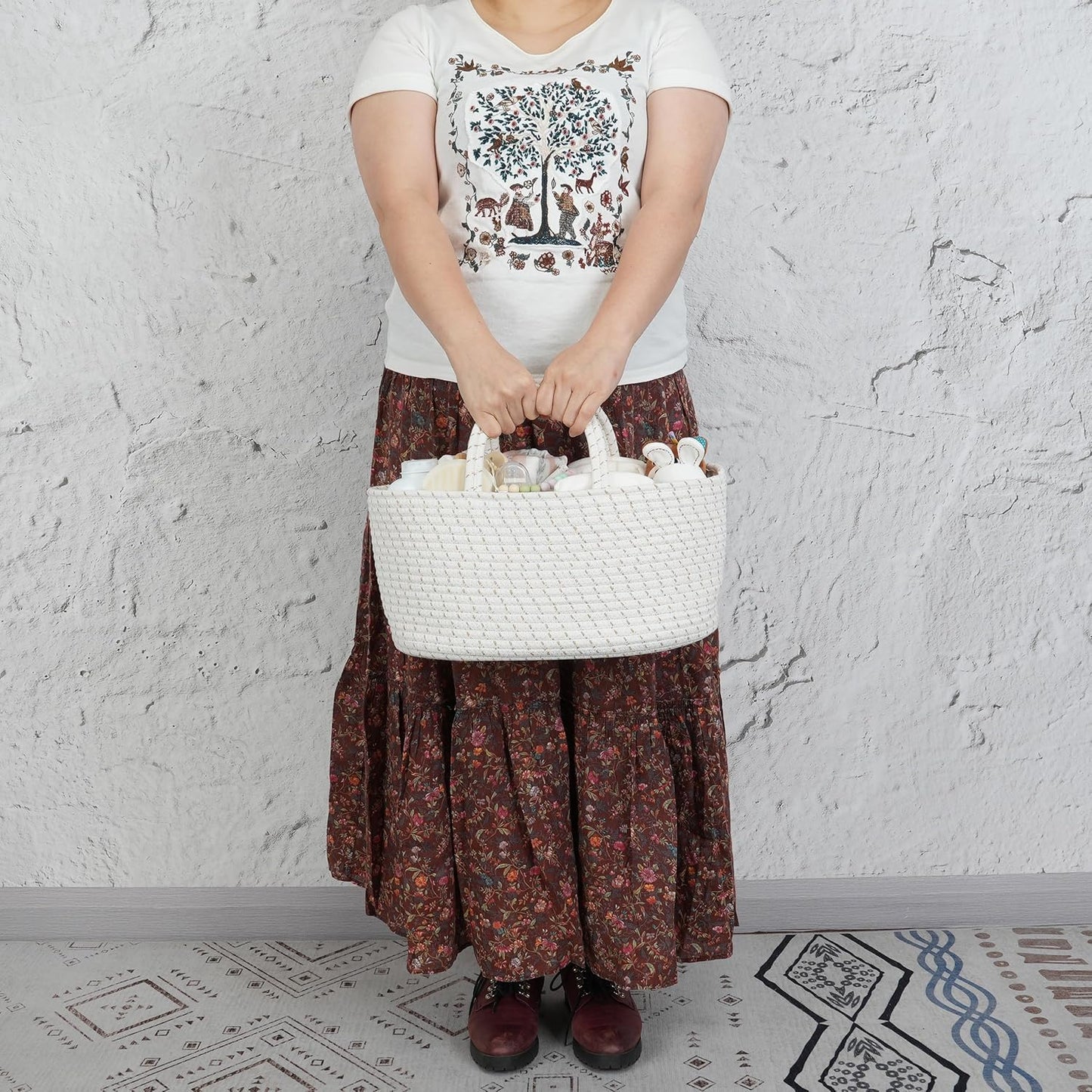 Diaper Caddy Organizer Cotton Rope Baby Basket Nursery Storage and Portable Tote Bag for Car Ideal Baby Shower Gifts and Registry Must-Have for Newborn Essentials striped