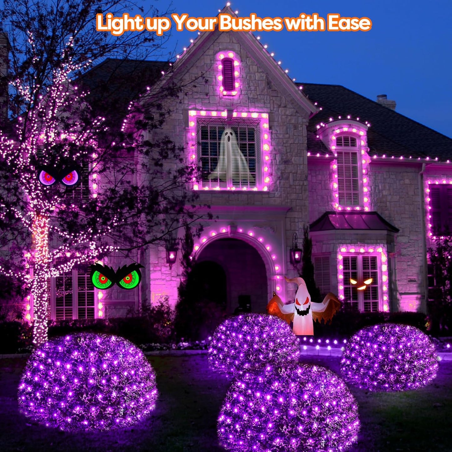 WBao Solar Halloween Lights Outdoor, 200LED 8.4ft x 5.2ft Halloween Net Lights with Remote, 8 Modes, Timer, IP65 Waterproof & Dark Green Wire for Lawn, Bushes, Trees Outdoor Decorations, Purple