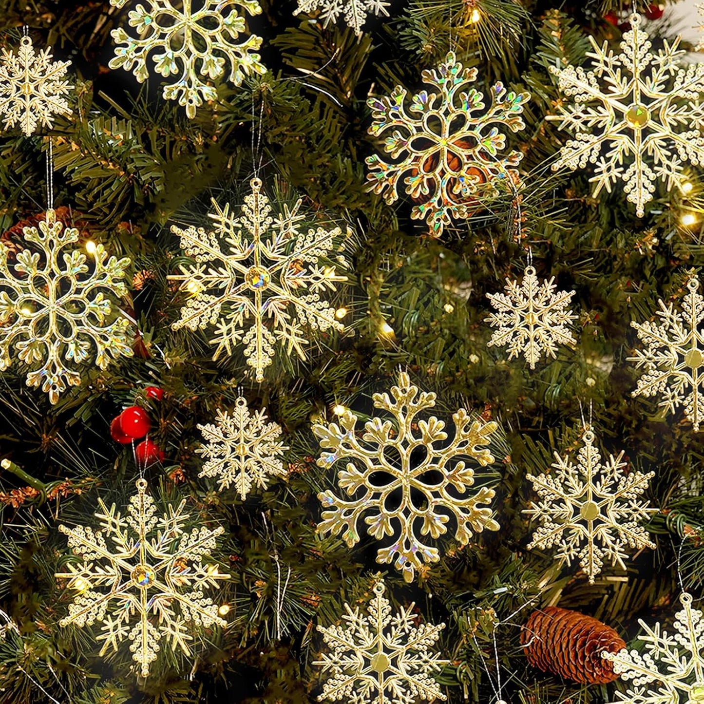 36pcs Gold Shine Christmas Snowflake Ornaments, Plastic Glitter Hanging Snow Flakes for Christmas Tree Decorations Winter Wonderland Frozen Birthday Party Holiday Home Decor