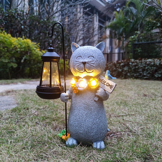 Solar Cat Garden Statues Outdoor Décor with Lantern- Cat Figurines Solar LED Light Lawn Ornaments - Yard Decorations for Patio, Balcony, Backyard -Unique House Warming Gifts for Mom