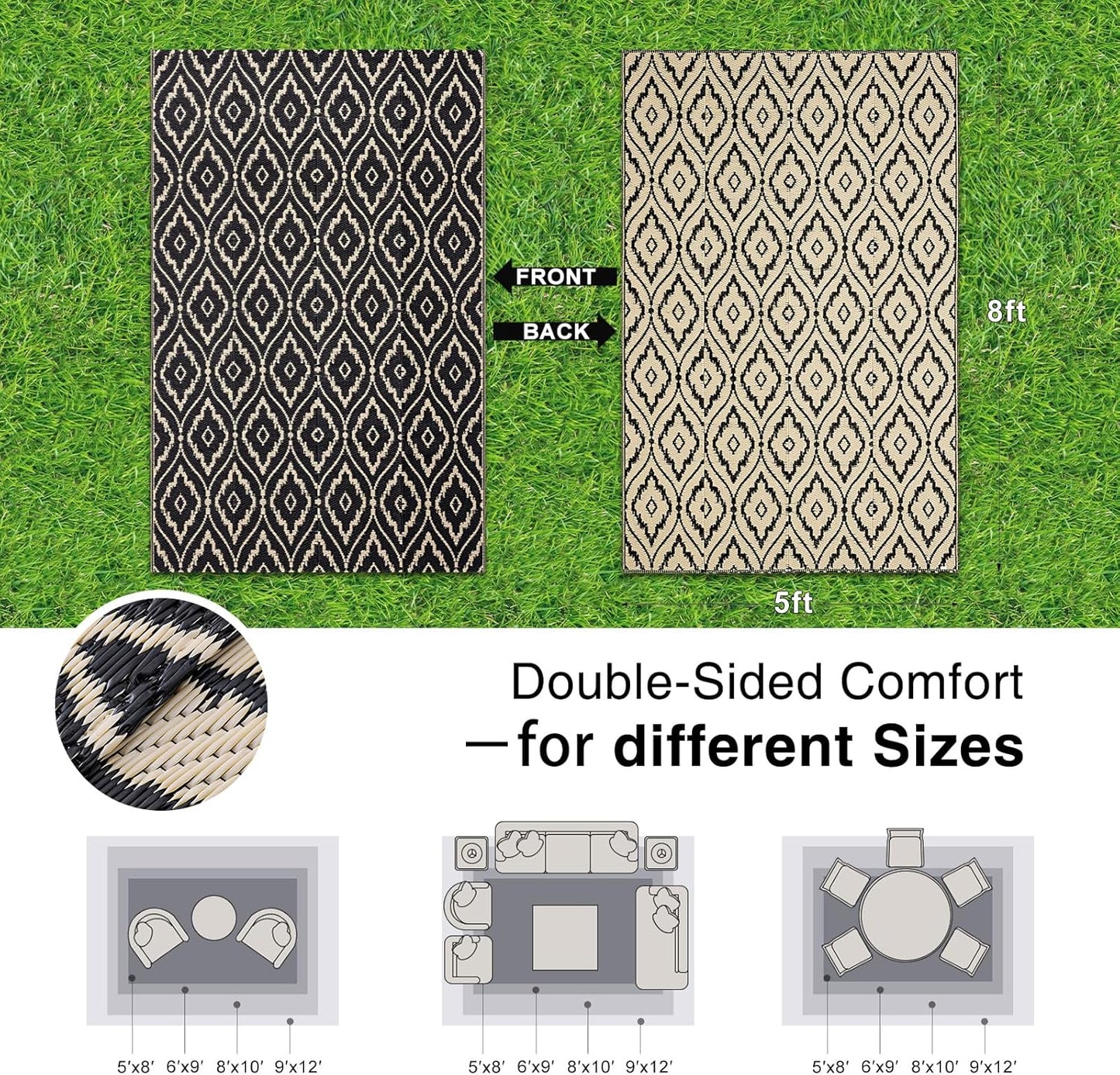 OLANLY Outdoor Rug 5x8 ft Waterproof, Outdoor Plastic Straw Rug with Geometric Pattern Clearance, Reversible RV Mat for Patio, Camping, Balcony, Deck, Backyard, Black & Beige