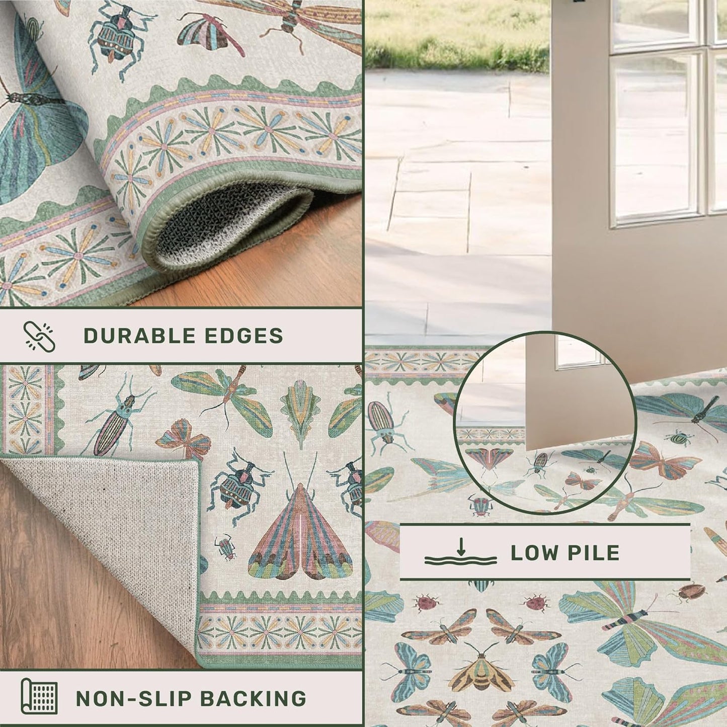 Boho Bathroom Runners - 2x6 Blue and Green Rug for Kitchen, Entry Way, Non Slip Washable Butterfly Insect Print Home Decor