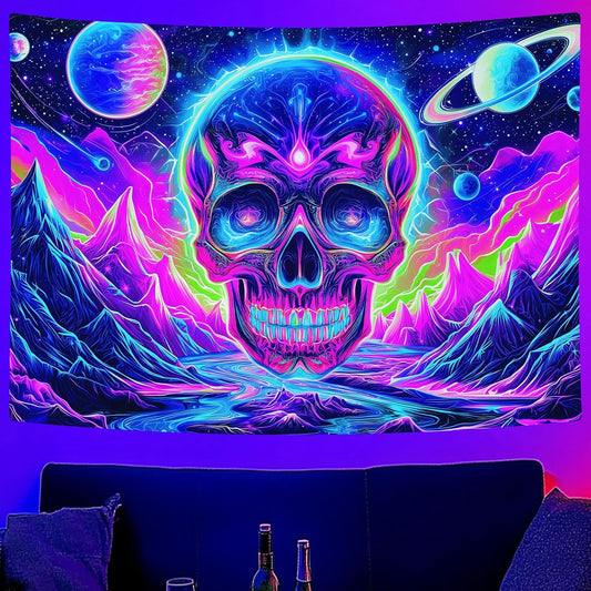 Blacklight Skull Tapestry, UV Reactive Gothic Skeleton Mountain Galaxy Planet Wall Hanging Tapestries, Glow in the Dark Horror Face Halloween Aesthetic Poster for Bedroom Living Room Decor 80X60IN