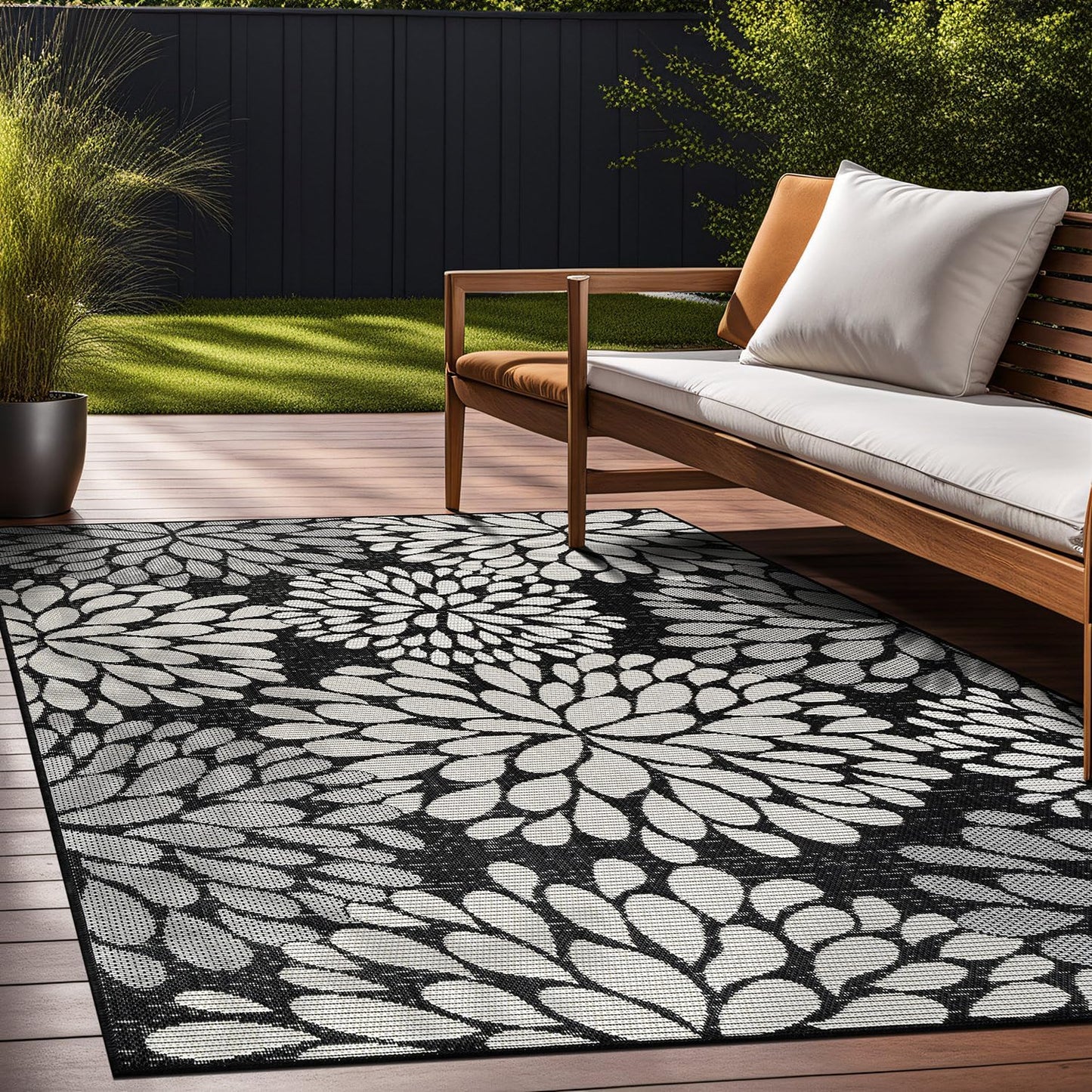 Beverly Rug Outdoor Rug 9x12 Modern Exotic Tropical Leaf Area Rugs for Indoor and Outdoor Patio Deck Porch Garden Water Resistant Washable Outside Carpet (9 x 12 Dark Gray)