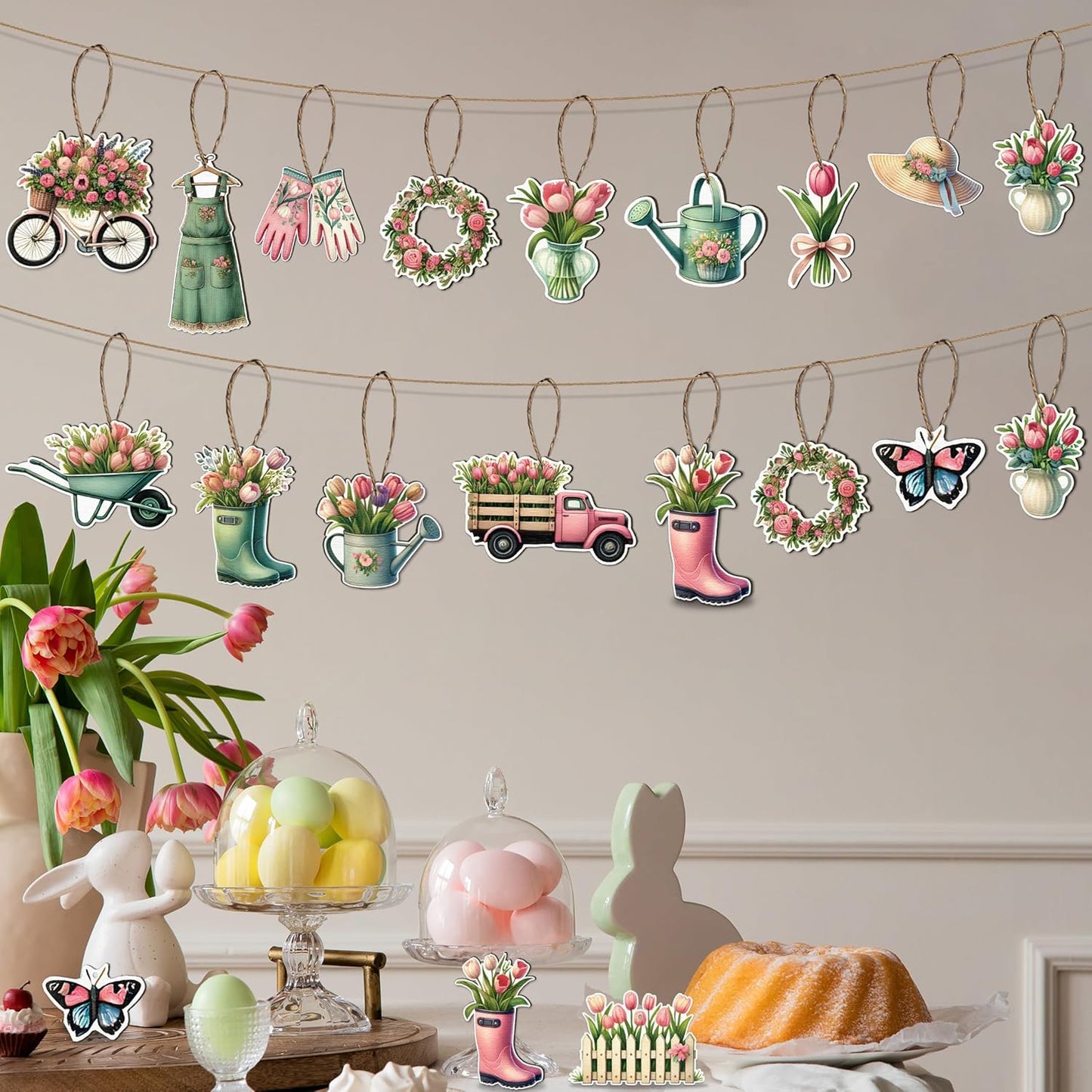 48PCS Spring Decor Wooden Flowers Ornaments Hanging Tulips Signs Decorations for Home Small Tree Party