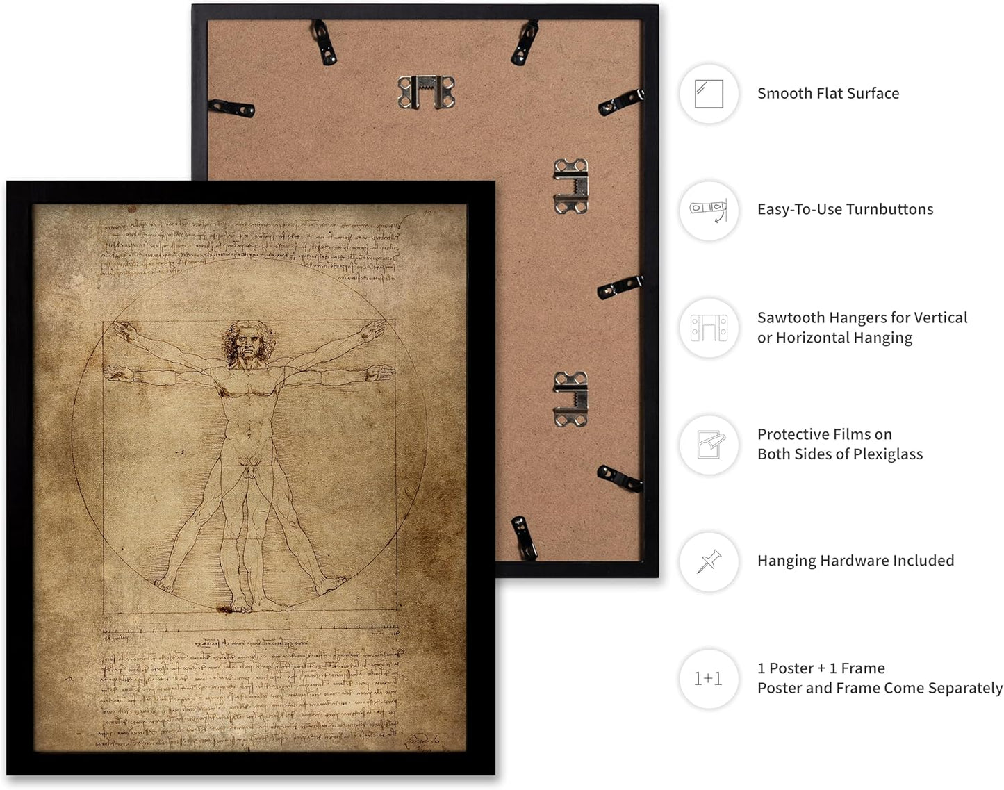 Poster Master Classic Leonardo Da Vinci Poster - Vintage Renaissance Print - Gift for Artist, Friend - Vitruvian Man, Proportion, Symmetry, Human Body - Wall Decor for Office, 11x14 Black Framed